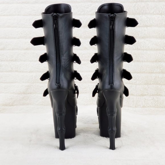 Skull & Bones Platform 8" Heel Mid Calf Boots Multiple Straps Vortex - Picture 7 of 16